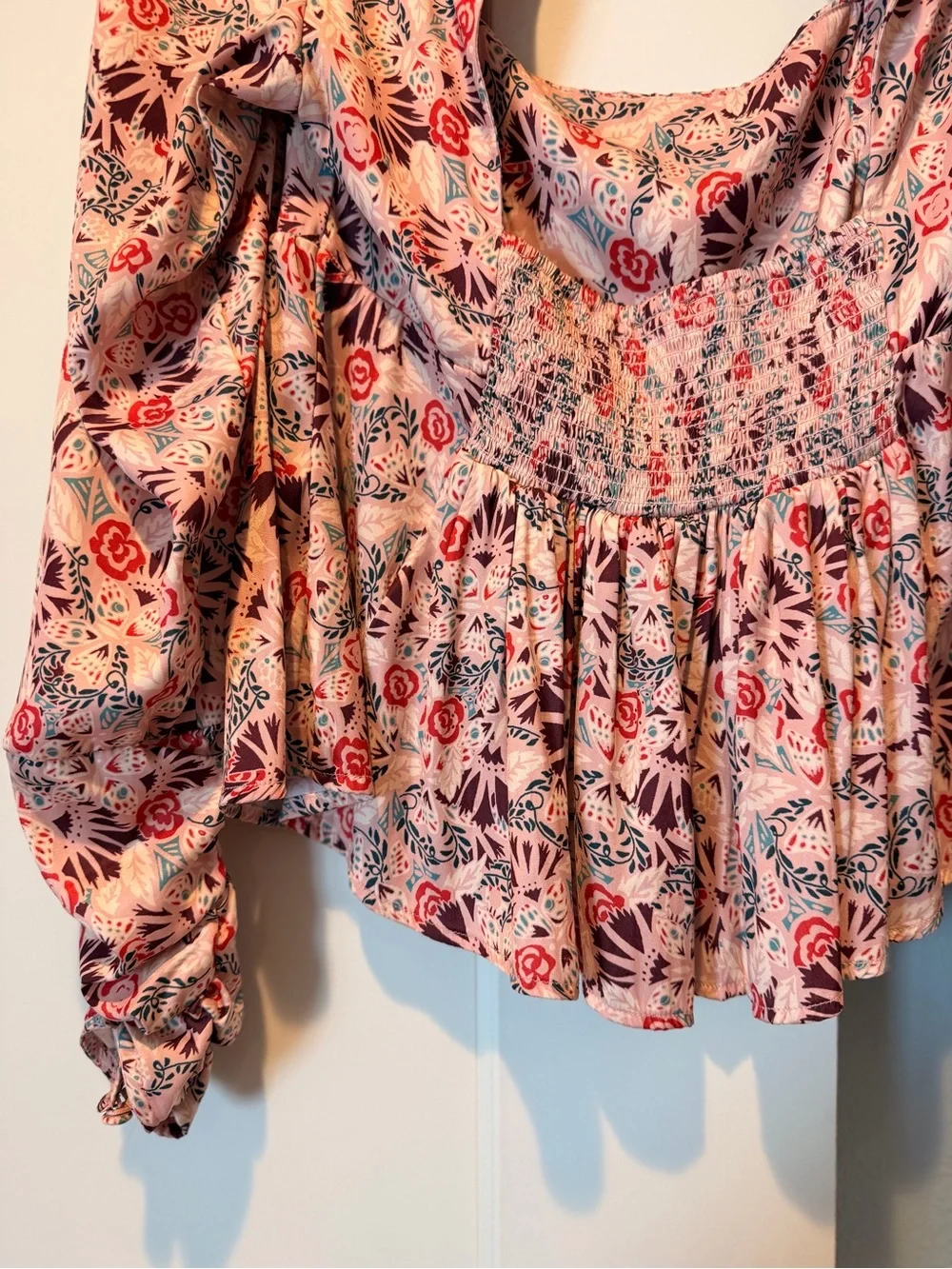 Floral Square-Neck Peplum Blouse - Pink